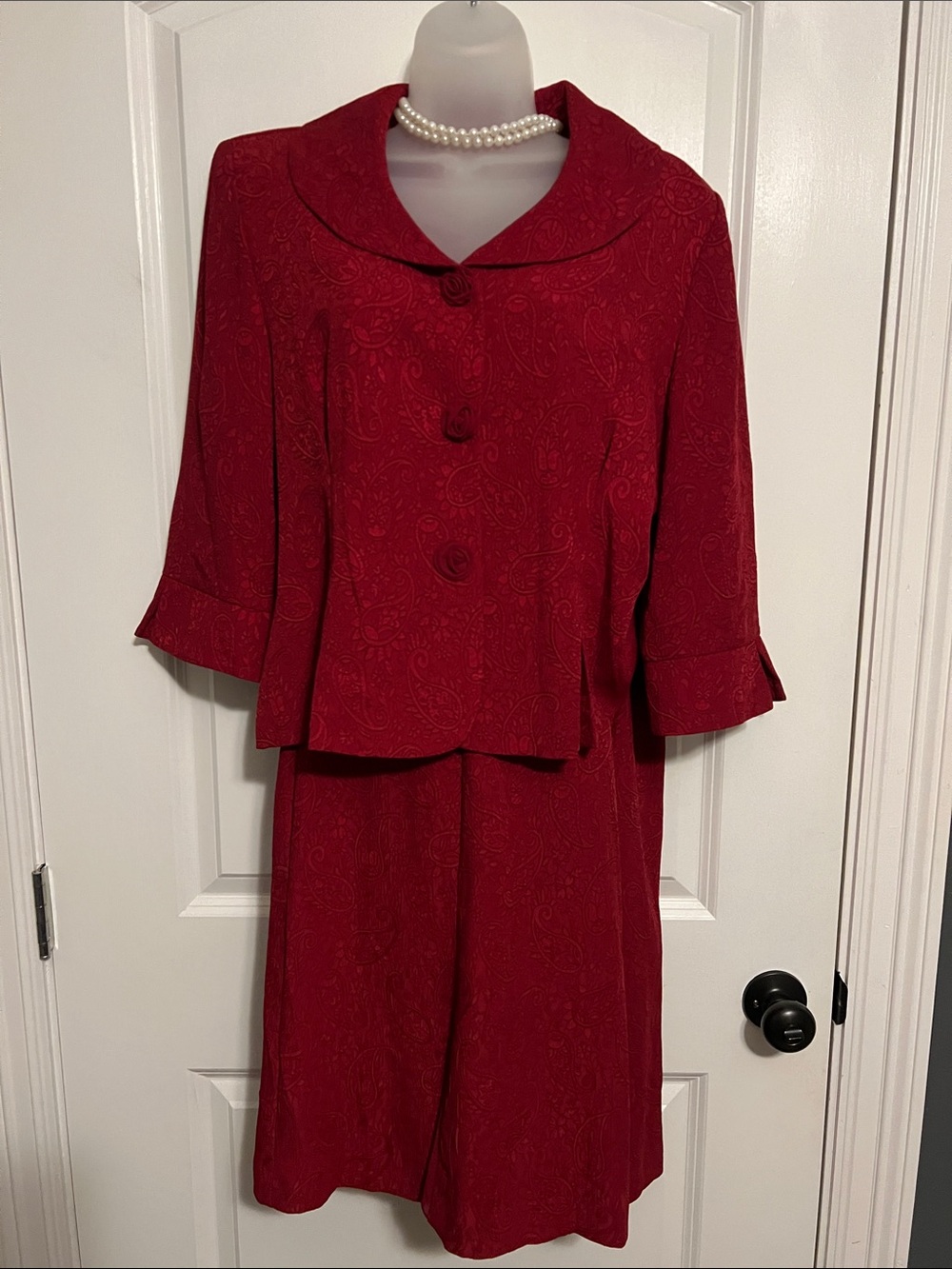 Sag Harbor Deep Red Paisley Skirt Suit with Rounded Collar